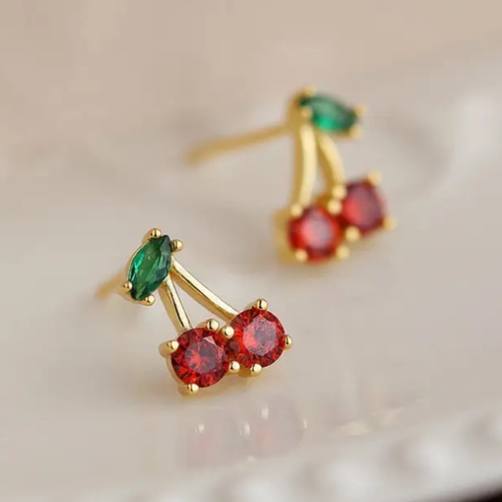 Elegant Gold and Red Cherry Earrings